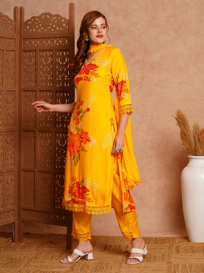 Floral Printed & Hand Embroidered Straight Kurta with Pant & Dupatta - Yellow