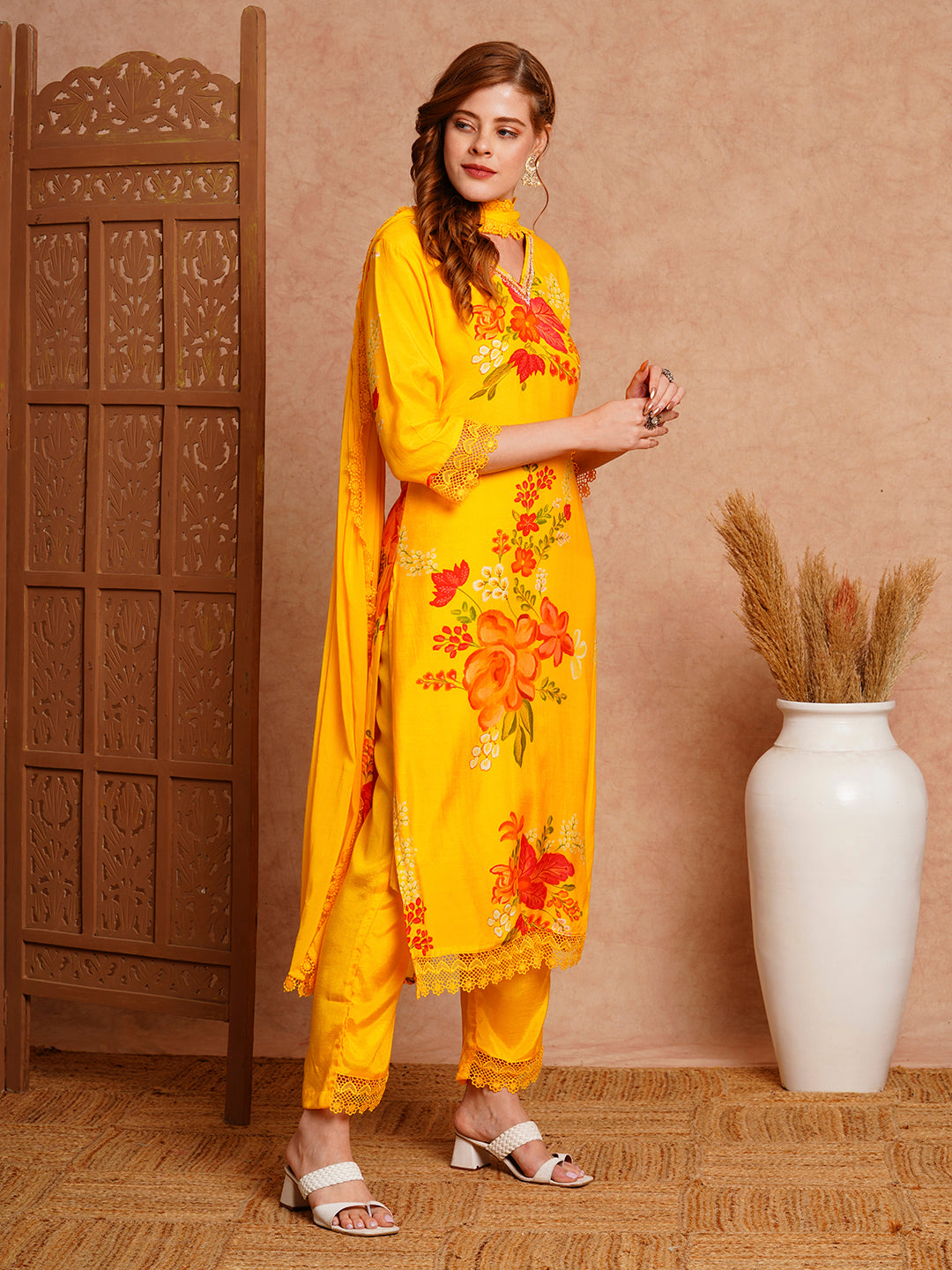 Floral Printed & Hand Embroidered Straight Kurta with Pant & Dupatta - Yellow