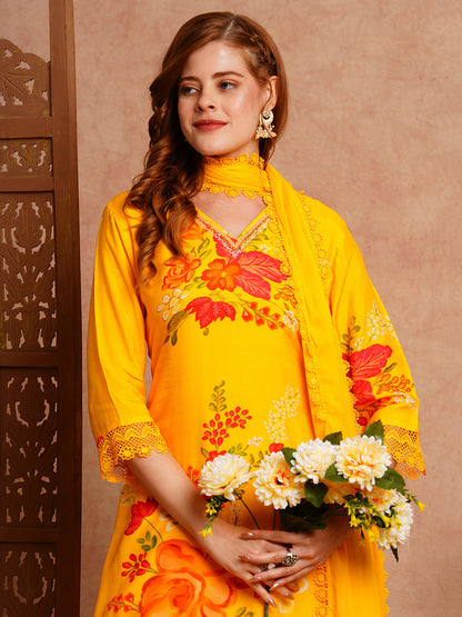 Floral Printed & Hand Embroidered Straight Kurta with Pant & Dupatta - Yellow