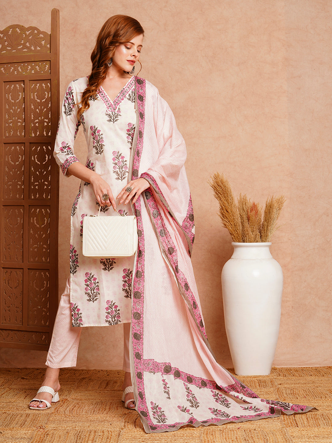 Floral Block Printed & Embroidered Kurta with Pant & Dupatta - Off White