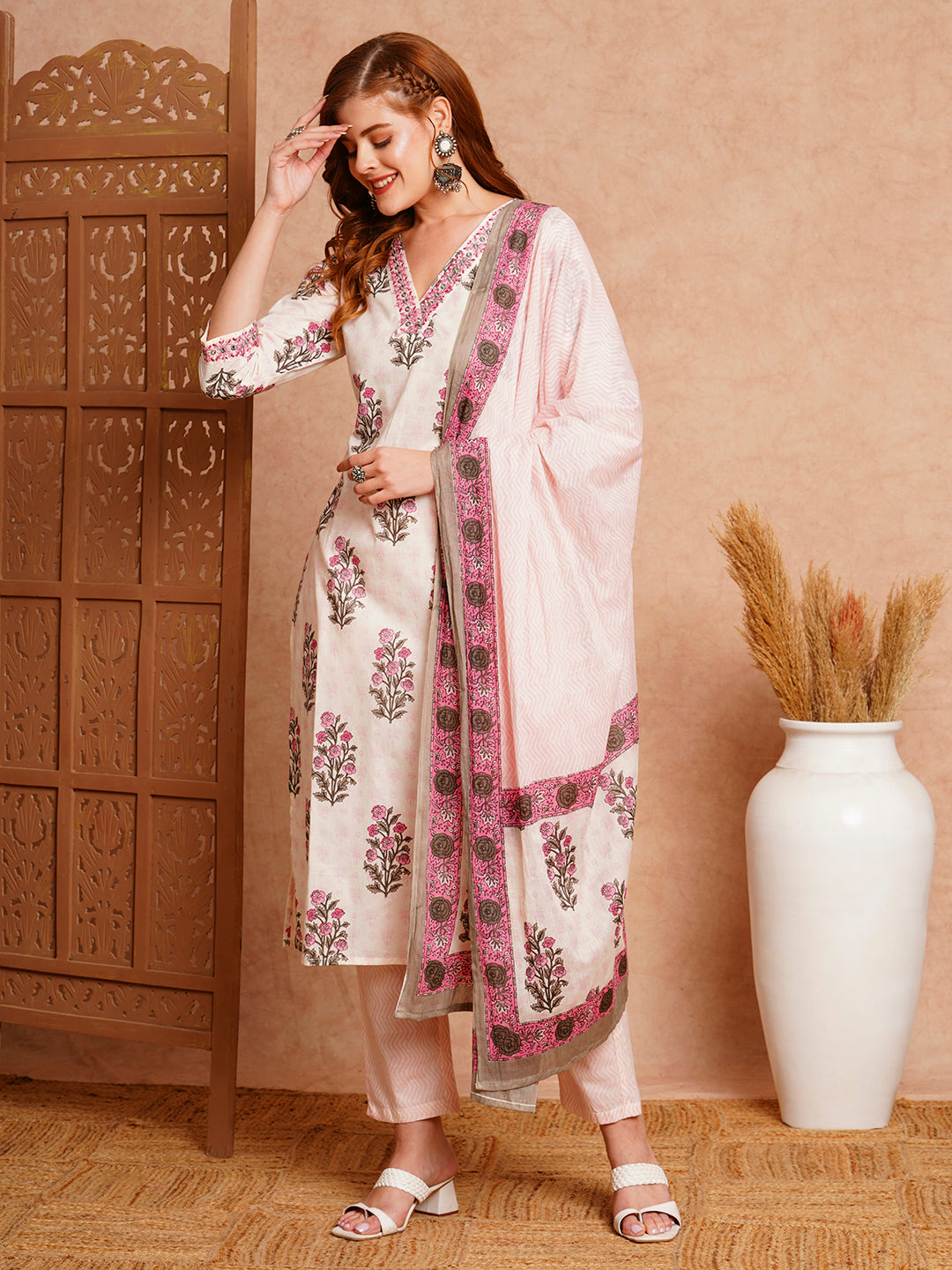 Floral Block Printed & Embroidered Kurta with Pant & Dupatta - Off White