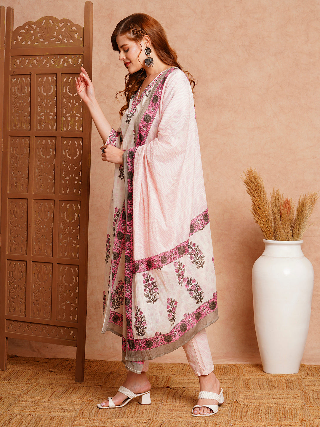 Floral Block Printed & Embroidered Kurta with Pant & Dupatta - Off White