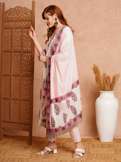 Floral Block Printed & Embroidered Kurta with Pant & Dupatta - Off White