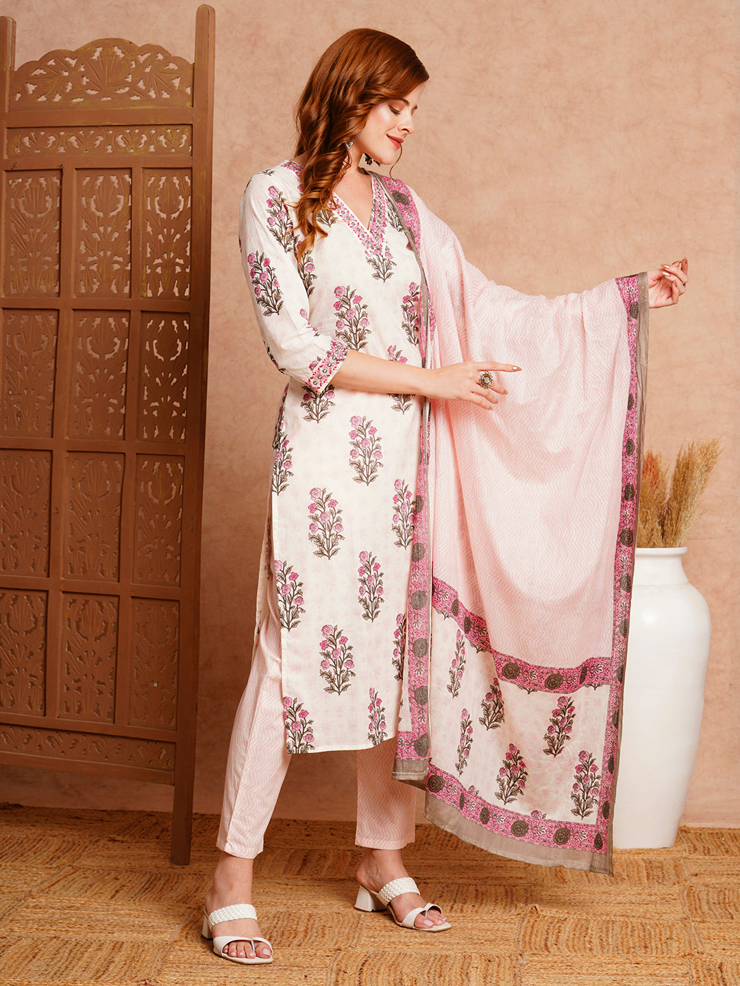 Floral Block Printed & Embroidered Kurta with Pant & Dupatta - Off White