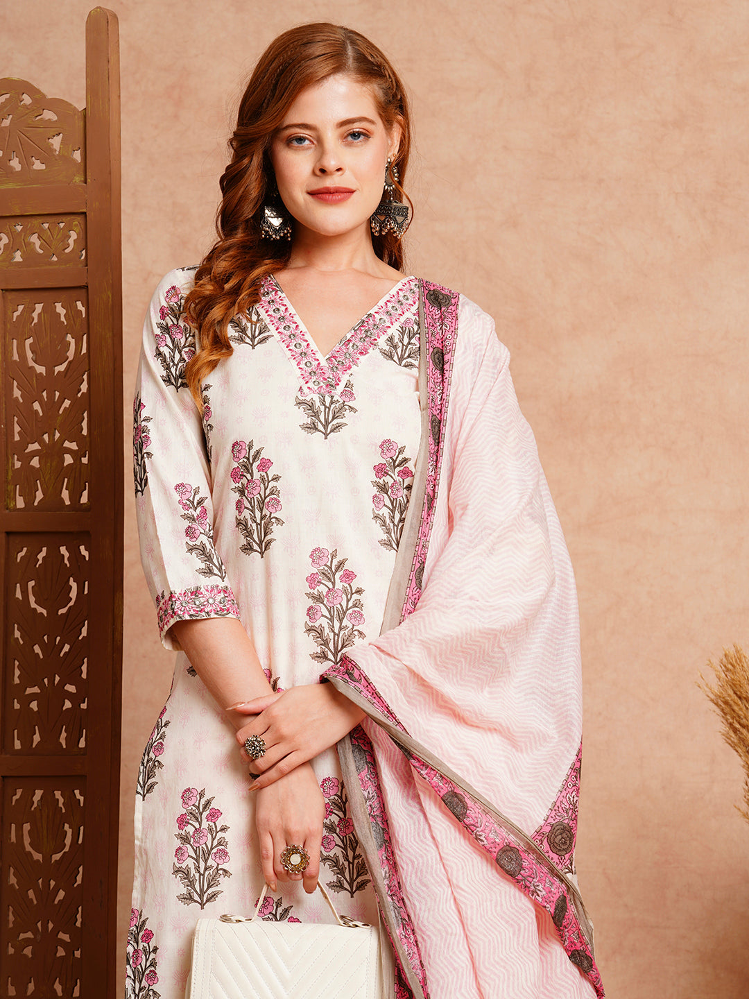 Floral Block Printed & Embroidered Kurta with Pant & Dupatta - Off White