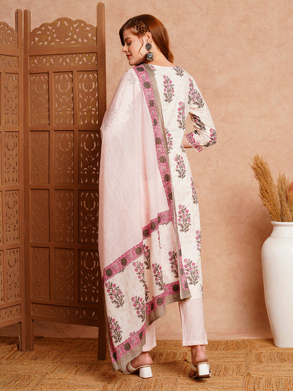 Floral Block Printed & Embroidered Kurta with Pant & Dupatta - Off White