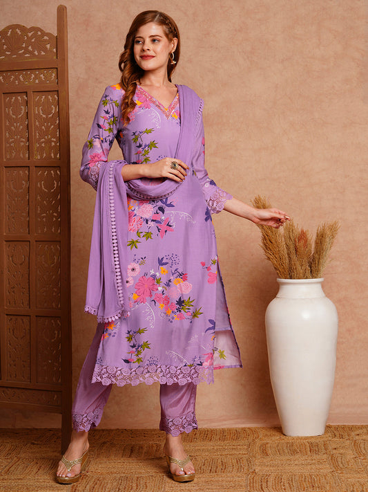 Floral Printed & Hand Embroidered Straight Kurta with Pant & Dupatta - Purple