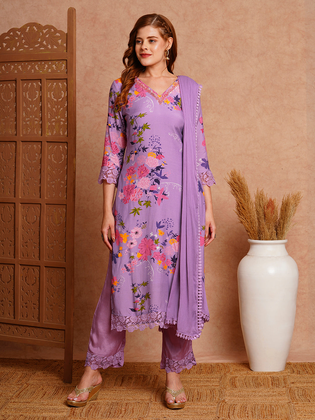 Floral Printed & Hand Embroidered Straight Kurta with Pant & Dupatta - Purple