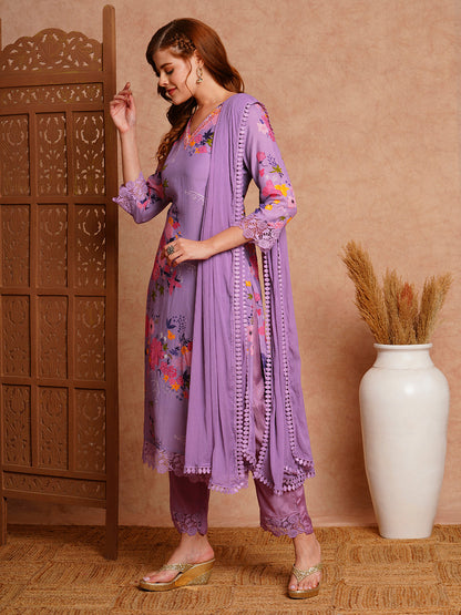 Floral Printed & Hand Embroidered Straight Kurta with Pant & Dupatta - Purple