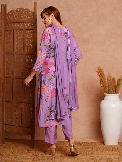 Floral Printed & Hand Embroidered Straight Kurta with Pant & Dupatta - Purple