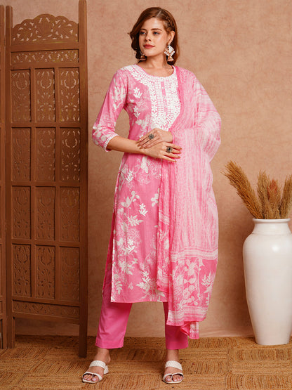 Floral Printed & Chikankari Embroidered Kurta with Pant & Dupatta - Pink