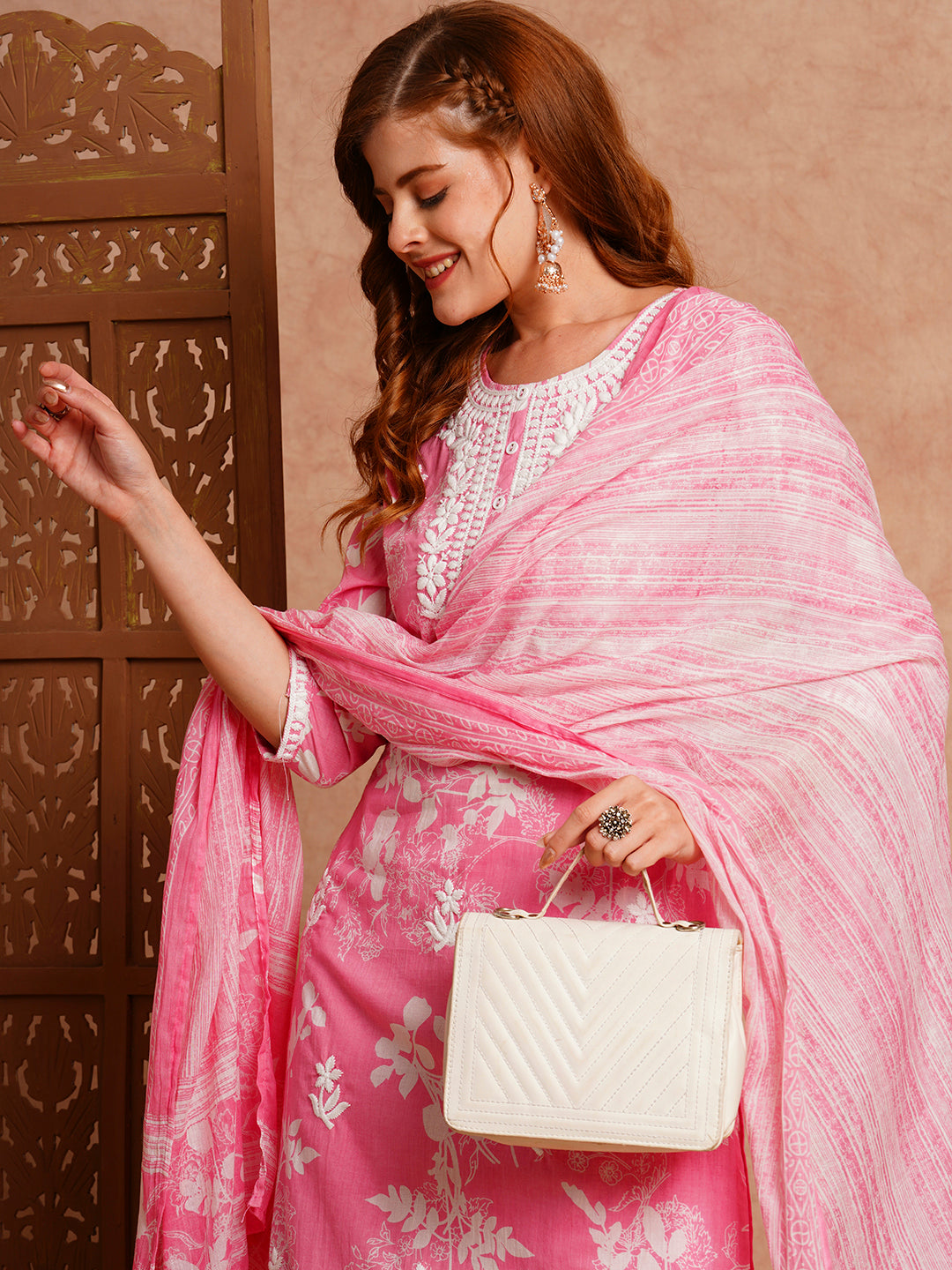 Floral Printed & Chikankari Embroidered Kurta with Pant & Dupatta - Pink