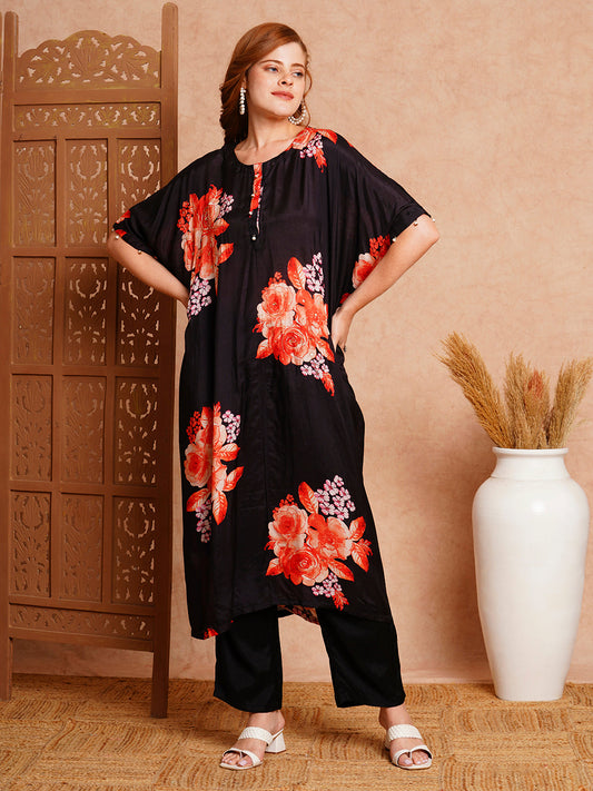 Abstract Printed & Hand Embroidered Kaftan Kurta with Pant - Black