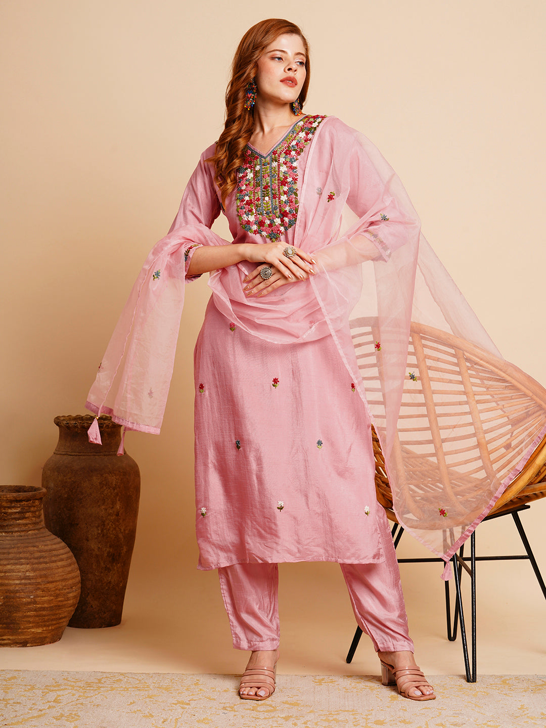 Floral Hand Embroidered Straight Fit Kurta with Pant & Dupatta - Pink