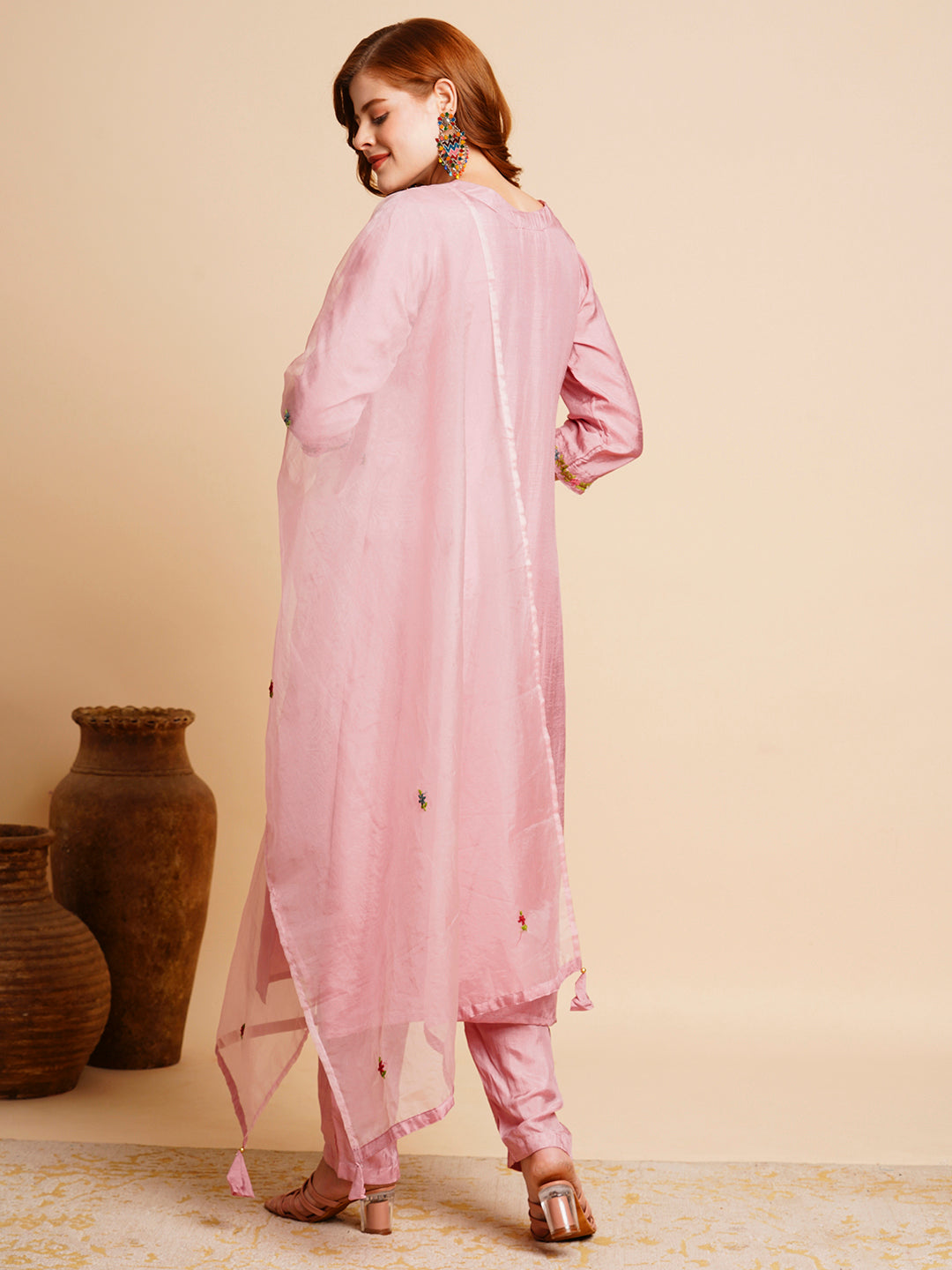 Floral Hand Embroidered Straight Fit Kurta with Pant & Dupatta - Pink