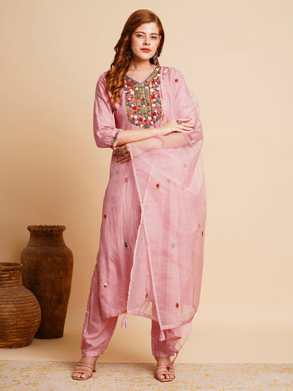 Floral Hand Embroidered Straight Fit Kurta with Pant & Dupatta - Pink