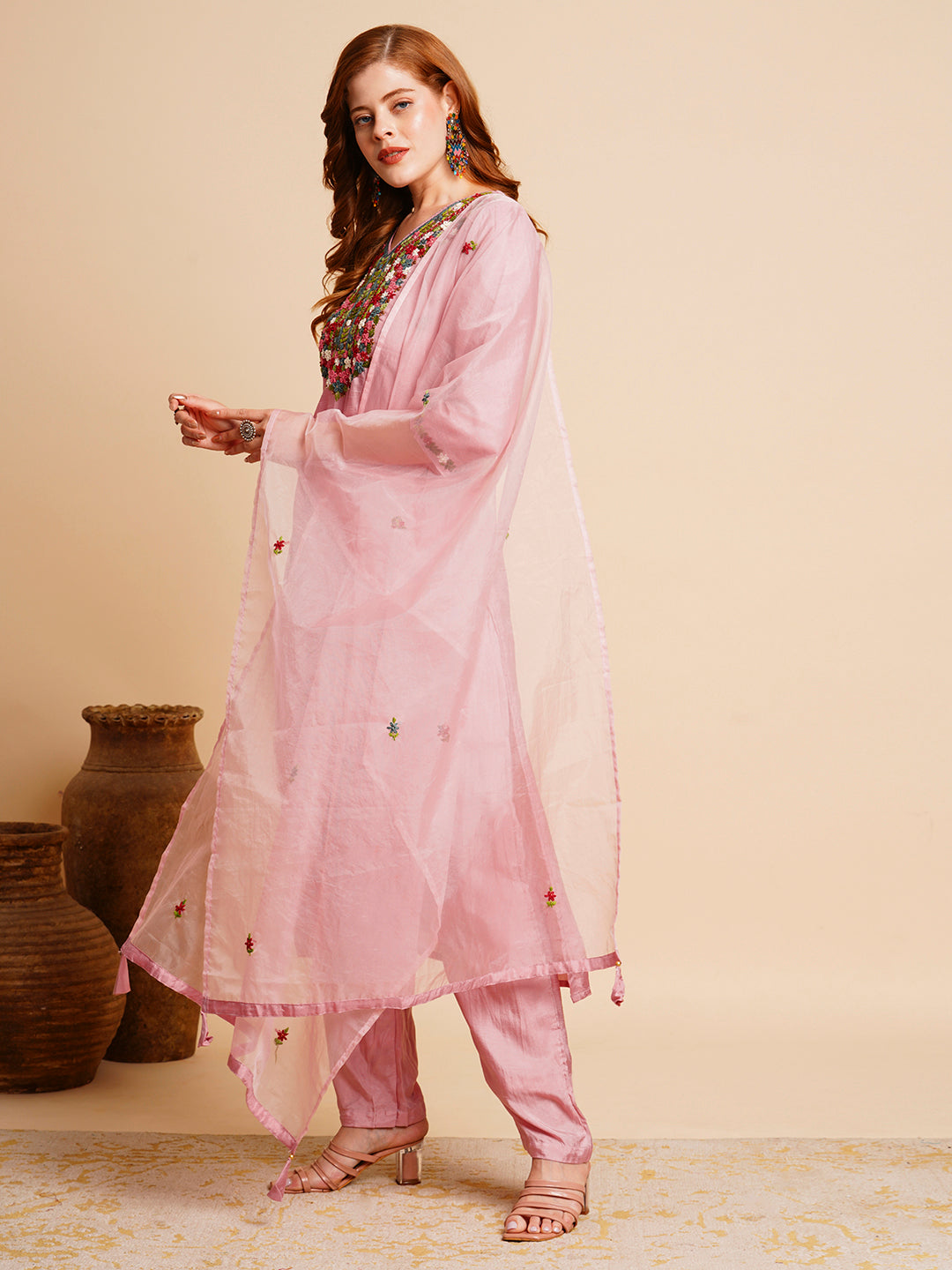 Floral Hand Embroidered Straight Fit Kurta with Pant & Dupatta - Pink