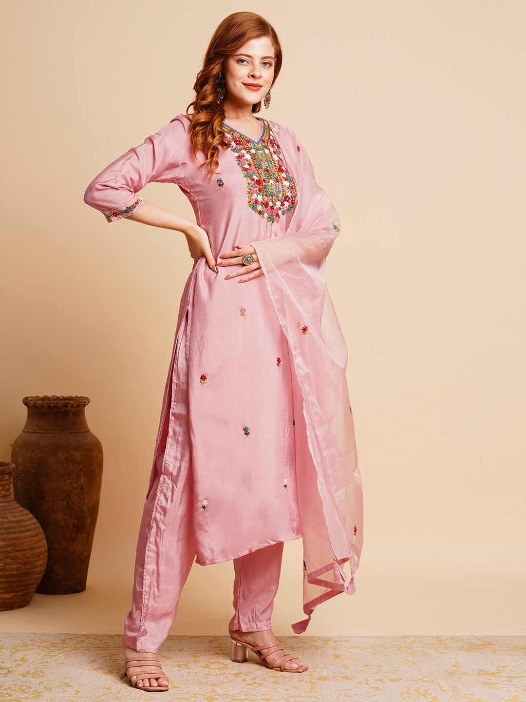 Floral Hand Embroidered Straight Fit Kurta with Pant & Dupatta - Pink