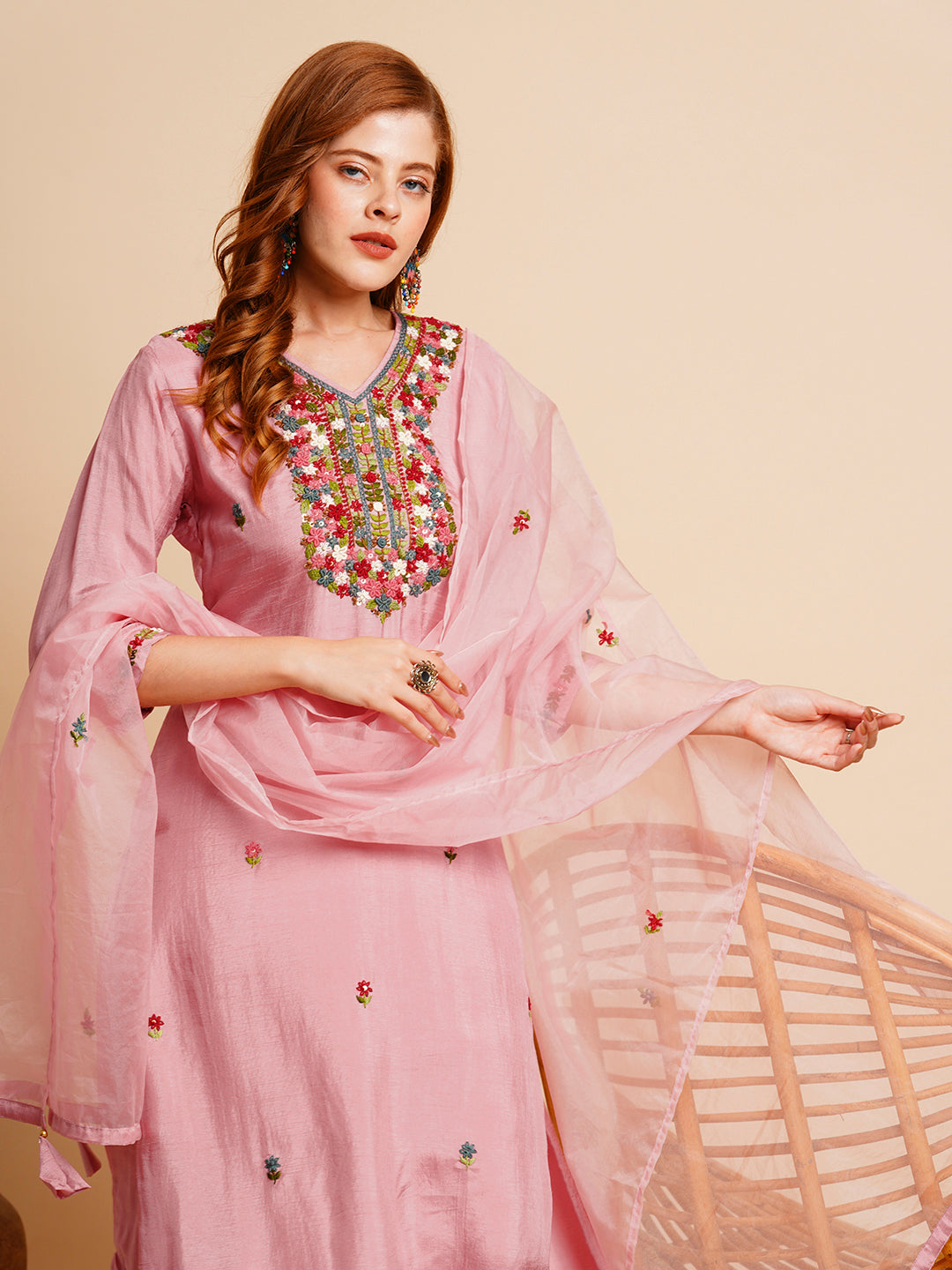 Floral Hand Embroidered Straight Fit Kurta with Pant & Dupatta - Pink