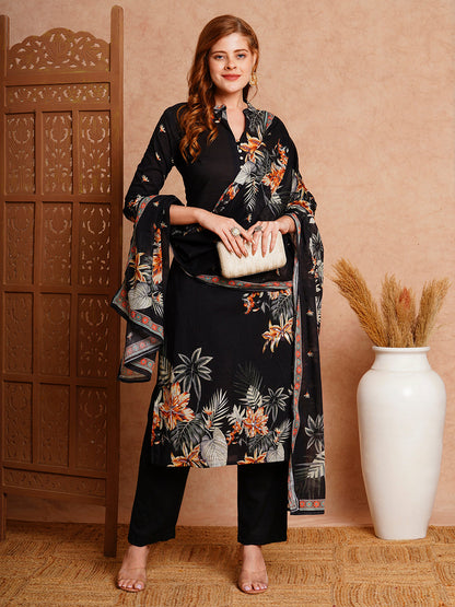 Floral Printed & Embroidered Straight Fit Kurta with Pant & Pure Cotton Dupatta - Black