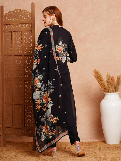 Floral Printed & Embroidered Straight Fit Kurta with Pant & Pure Cotton Dupatta - Black