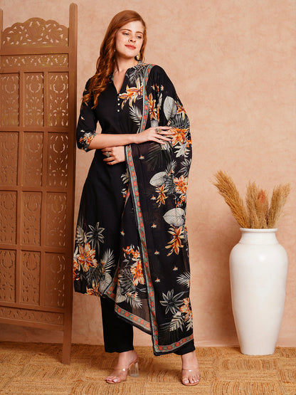 Floral Printed & Embroidered Straight Fit Kurta with Pant & Pure Cotton Dupatta - Black