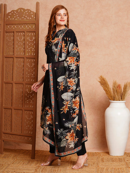 Floral Printed & Embroidered Straight Fit Kurta with Pant & Pure Cotton Dupatta - Black