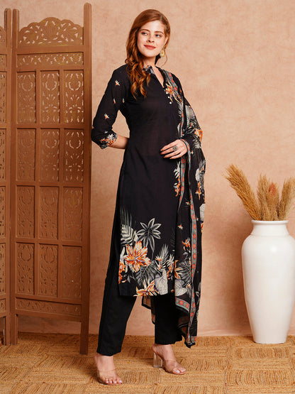 Floral Printed & Embroidered Straight Fit Kurta with Pant & Pure Cotton Dupatta - Black