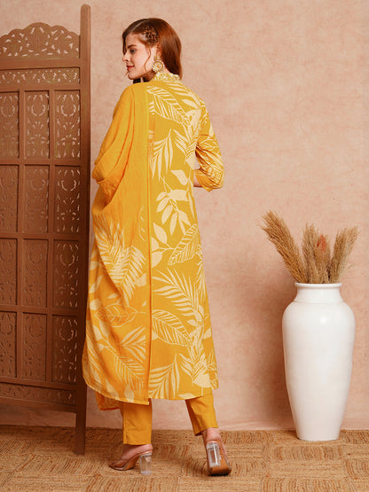 Floral Printed & Embroidered A-Line Paneled Kurta with Pant & Dupatta -Mustard