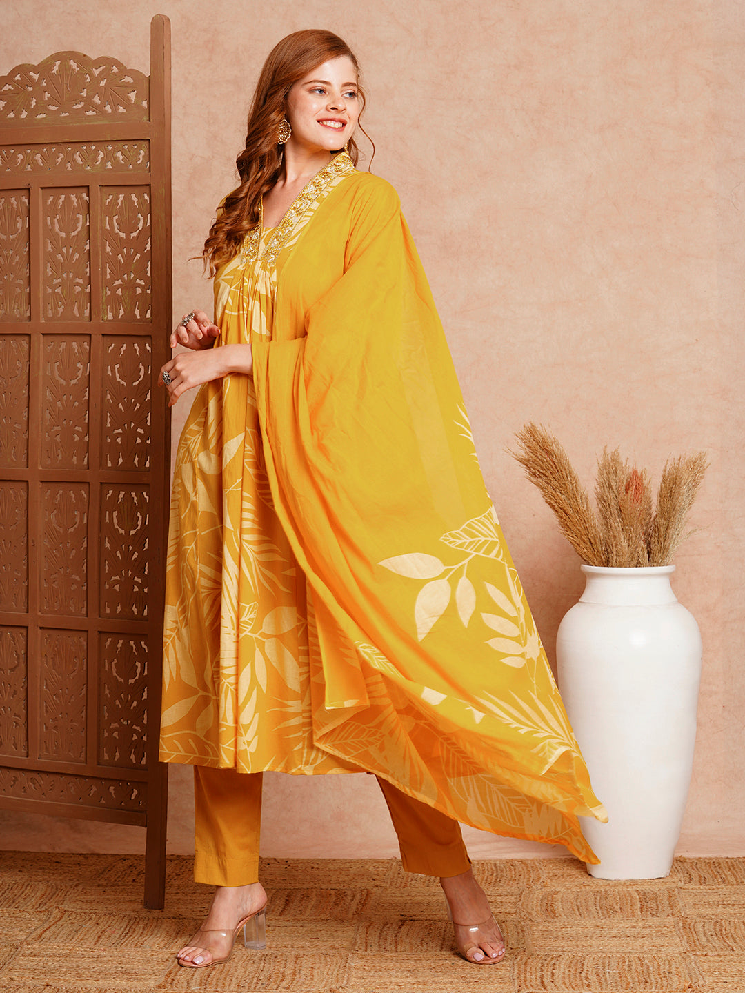 Floral Printed & Embroidered A-Line Paneled Kurta with Pant & Dupatta -Mustard