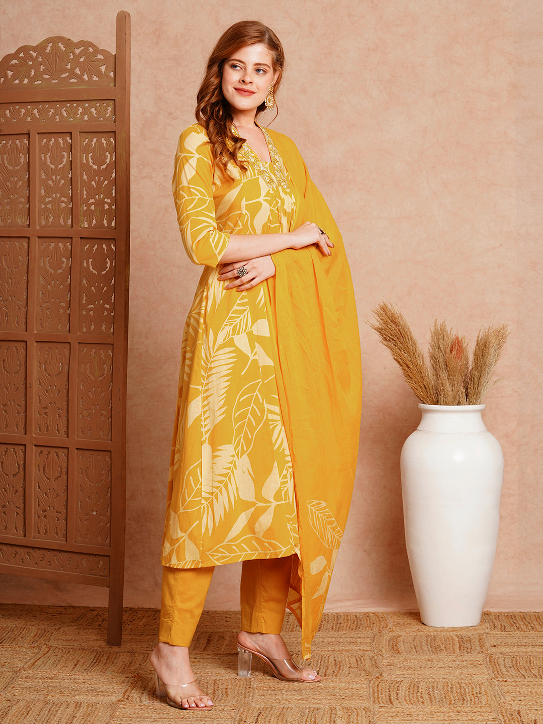 Floral Printed & Embroidered A-Line Paneled Kurta with Pant & Dupatta -Mustard