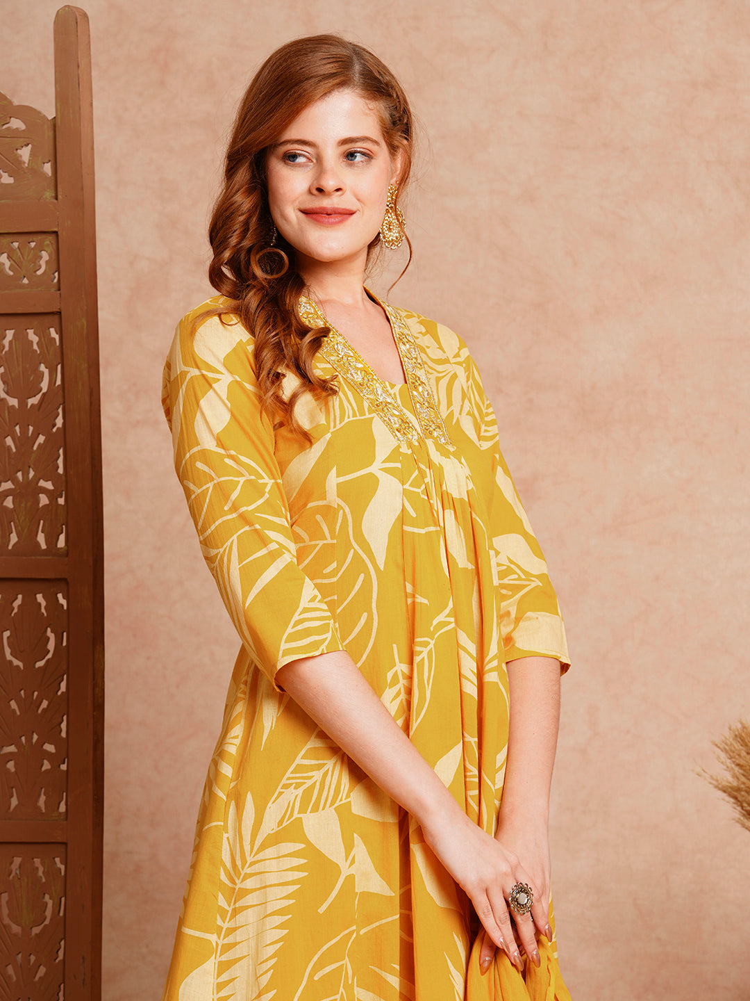 Floral Printed & Embroidered A-Line Paneled Kurta with Pant & Dupatta -Mustard