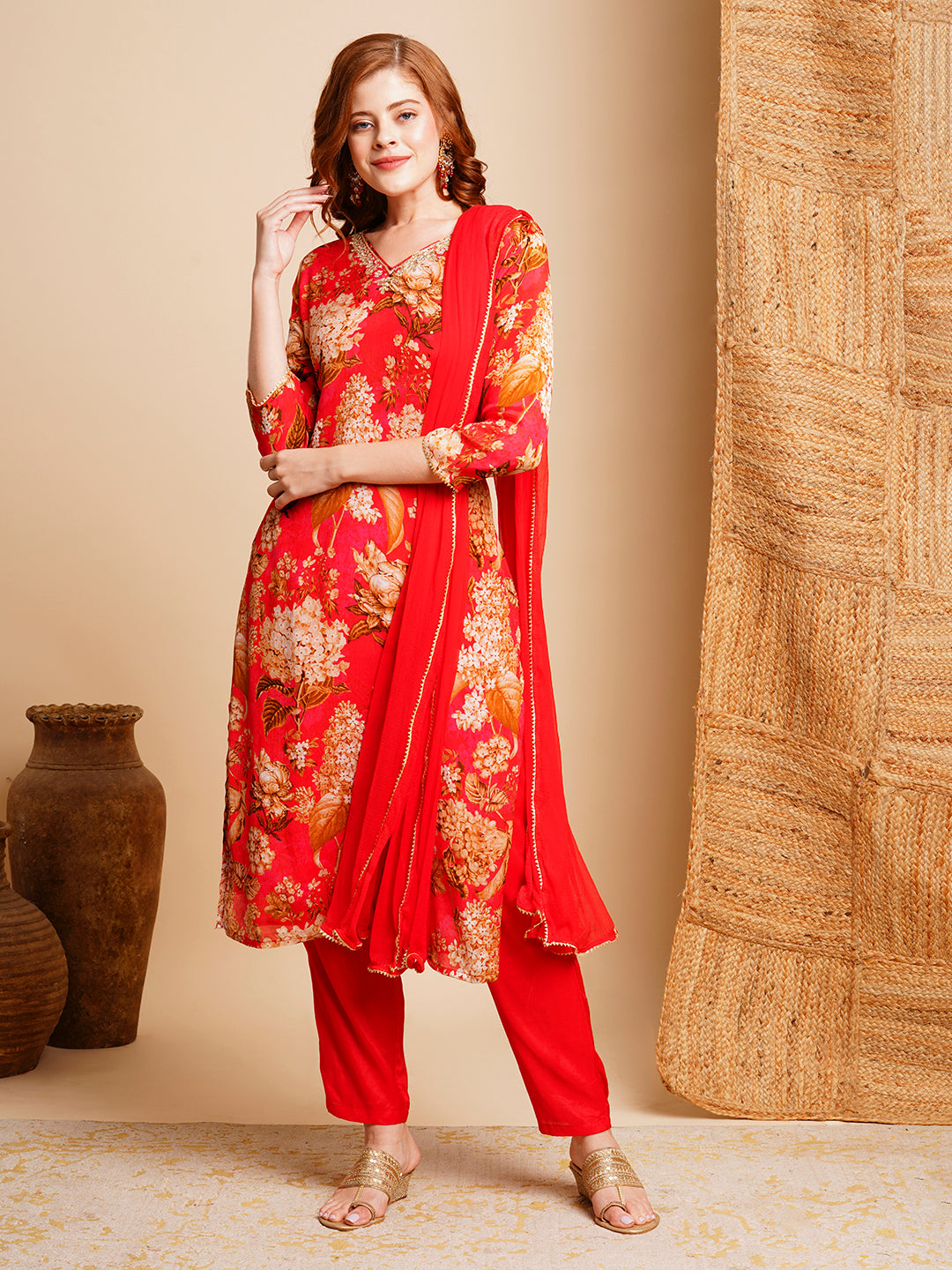 Floral Printed & Hand Gota Patti Embroidered Straight Kurta with Pant & Dupatta - Red