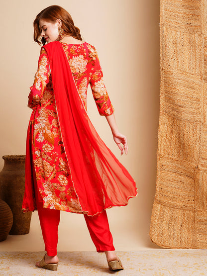 Floral Printed & Hand Gota Patti Embroidered Straight Kurta with Pant & Dupatta - Red