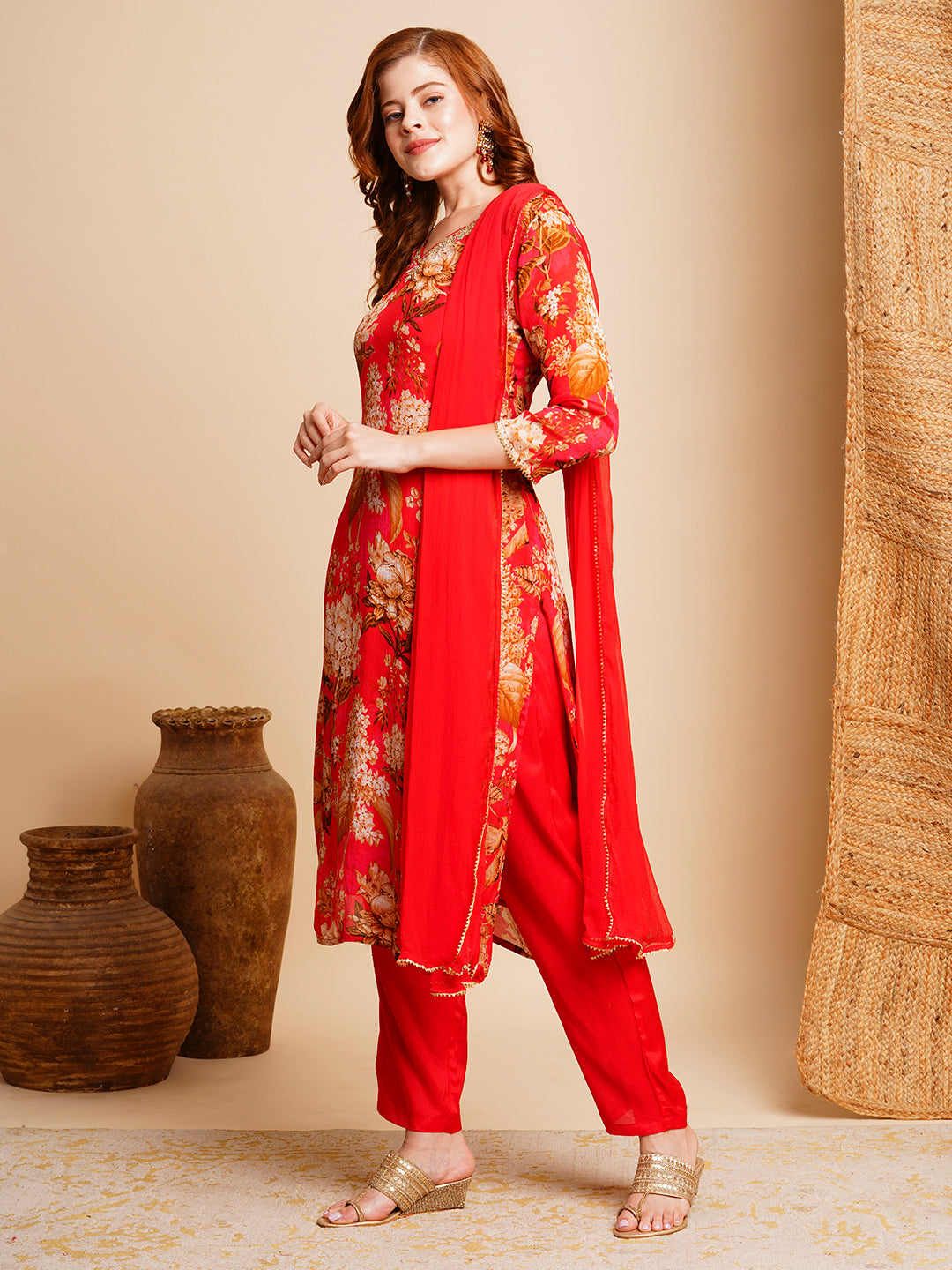 Floral Printed & Hand Gota Patti Embroidered Straight Kurta with Pant & Dupatta - Red