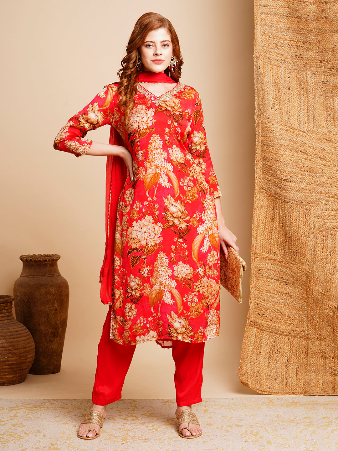 Floral Printed & Hand Gota Patti Embroidered Straight Kurta with Pant & Dupatta - Red