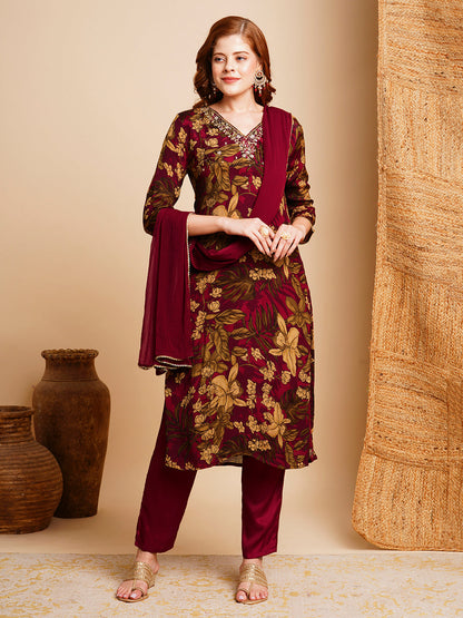 Floral Printed & Hand Embroidered Kurta with Pant & Dupatta - Maroon