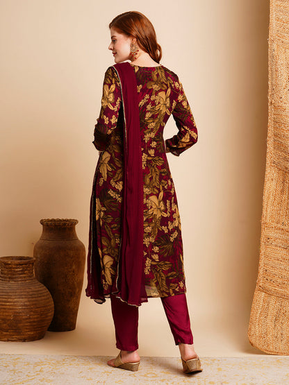 Floral Printed & Hand Embroidered Kurta with Pant & Dupatta - Maroon