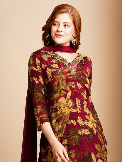 Floral Printed & Hand Embroidered Kurta with Pant & Dupatta - Maroon