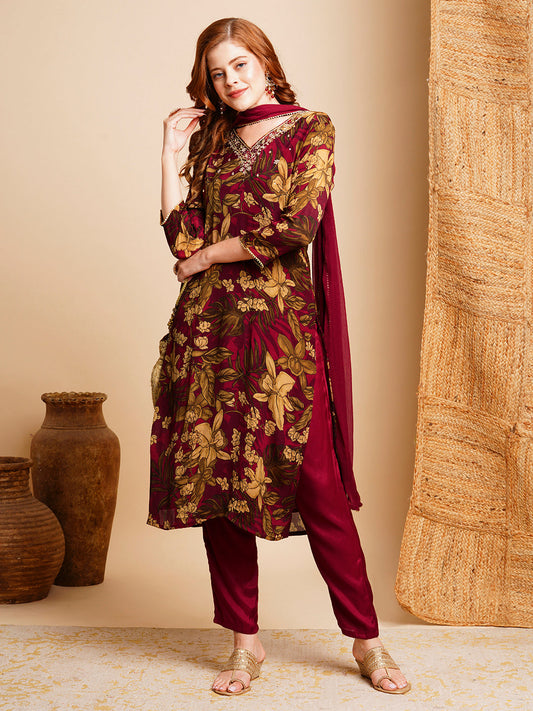 Floral Printed & Hand Embroidered Kurta with Pant & Dupatta - Maroon