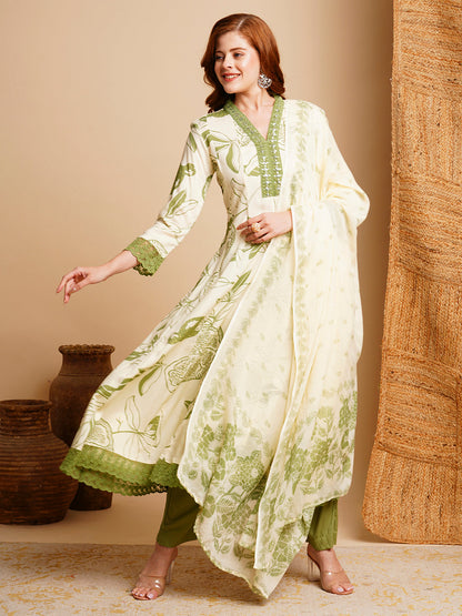 Floral Printed & Embroidered Anarkali Kurta with Pant & Dupatta - Off White