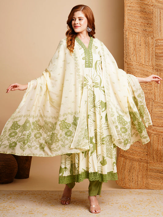 Floral Printed & Embroidered Anarkali Kurta with Pant & Dupatta - Off White