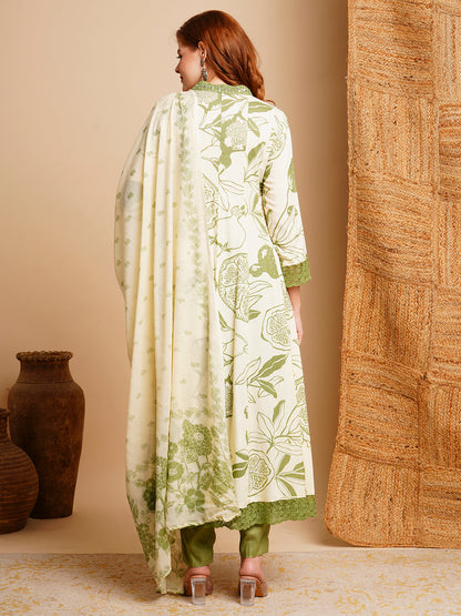 Floral Printed & Embroidered Anarkali Kurta with Pant & Dupatta - Off White