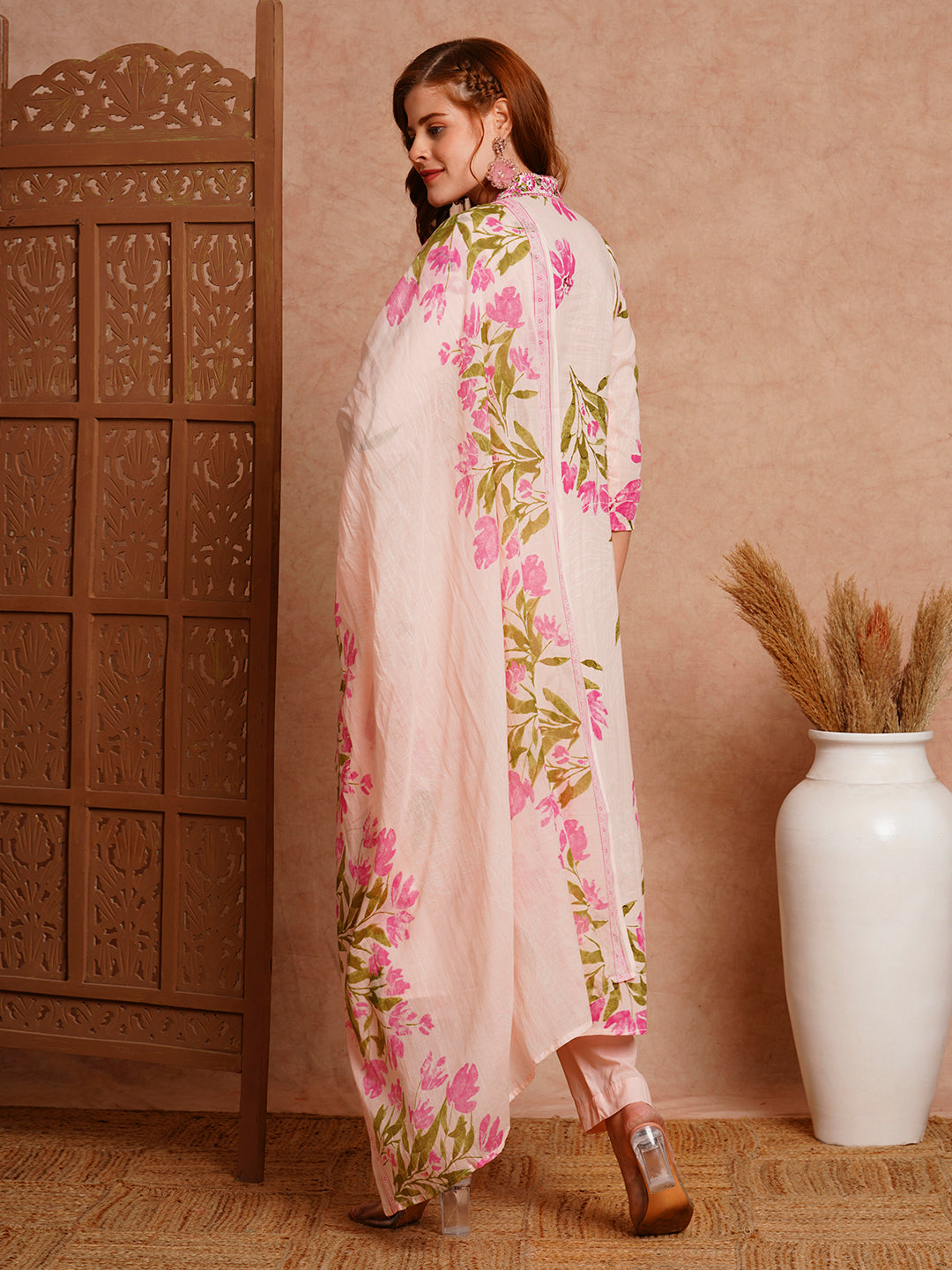 Floral Printed & Embroidered A-Line Paneled Kurta with Pant and Dupatta - Peach