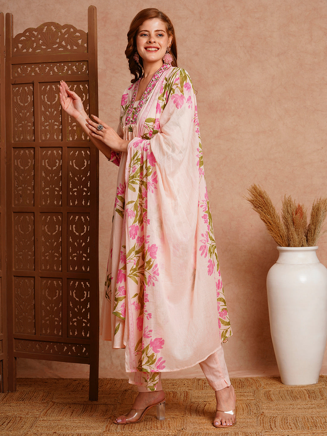 Floral Printed & Embroidered A-Line Paneled Kurta with Pant and Dupatta - Peach