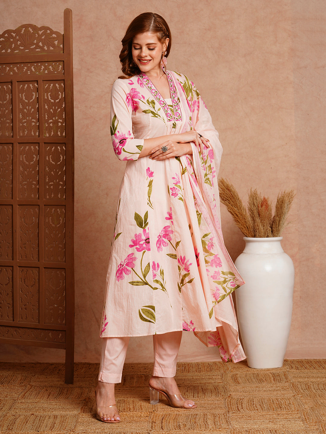 Floral Printed & Embroidered A-Line Paneled Kurta with Pant and Dupatta - Peach