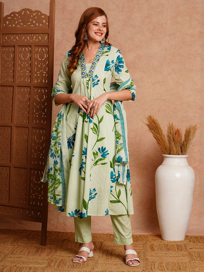 Floral Printed & Embroidered A-Line Paneled Kurta with Pant and Dupatta - Mint Green