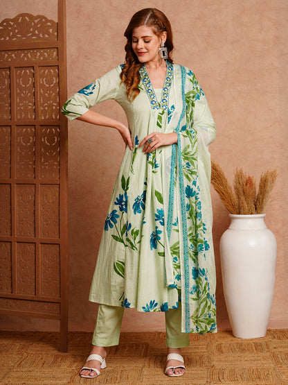 Floral Printed & Embroidered A-Line Paneled Kurta with Pant and Dupatta - Mint Green