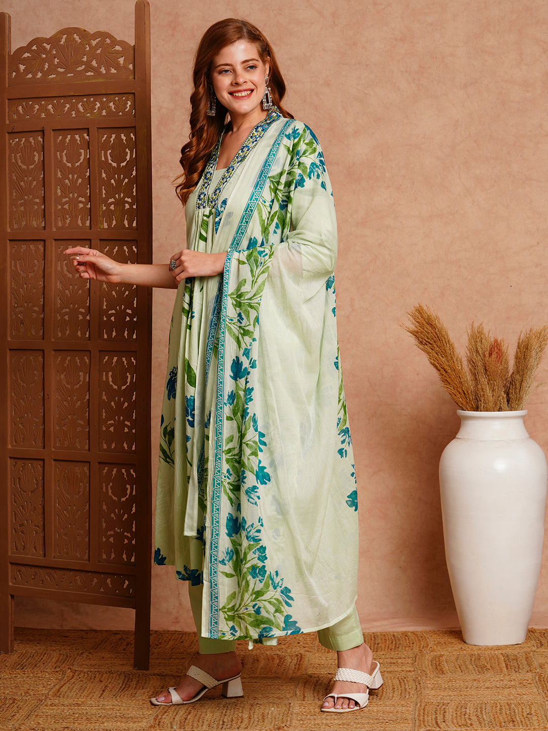 Floral Printed & Embroidered A-Line Paneled Kurta with Pant and Dupatta - Mint Green