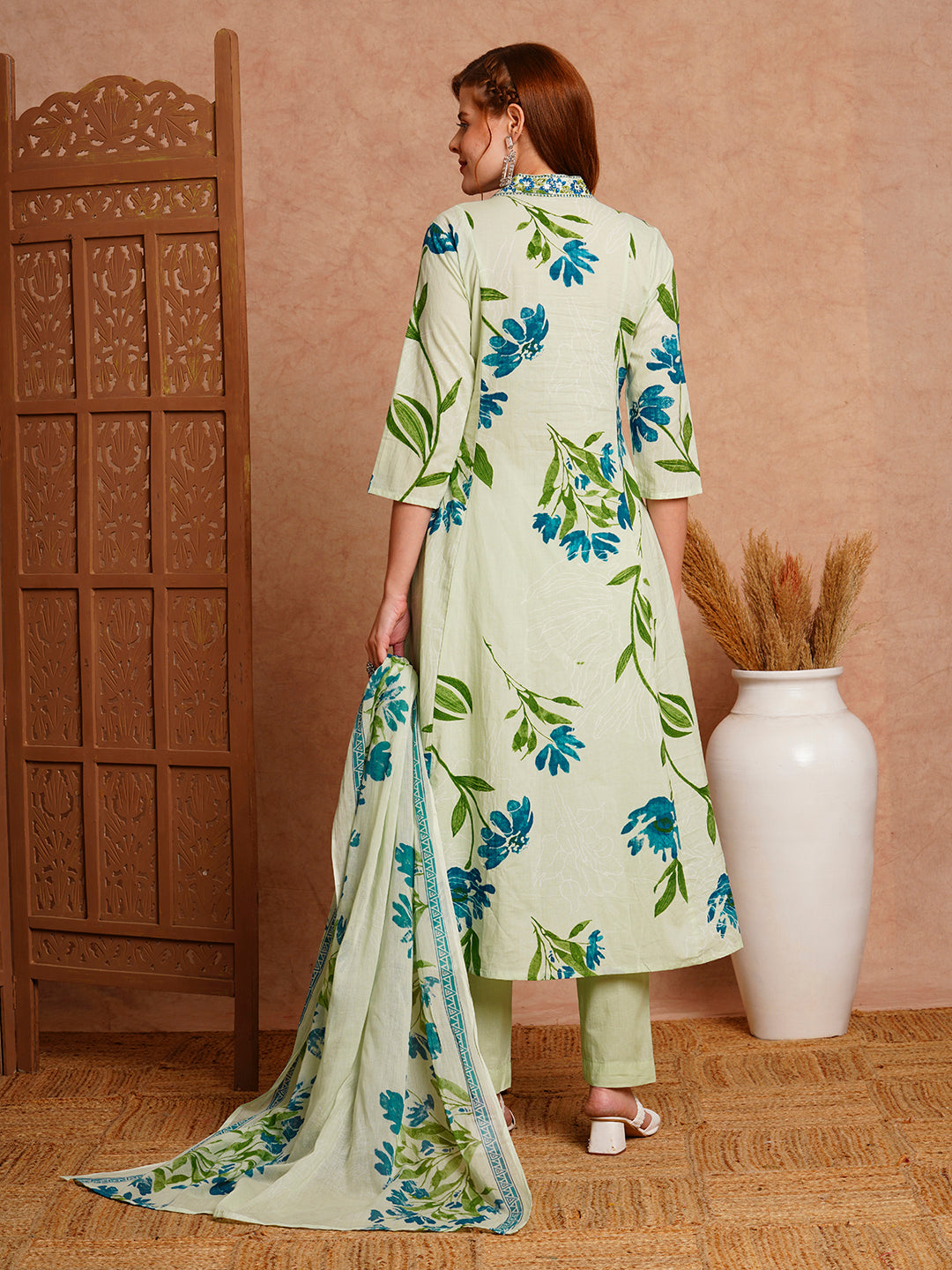 Floral Printed & Embroidered A-Line Paneled Kurta with Pant and Dupatta - Mint Green